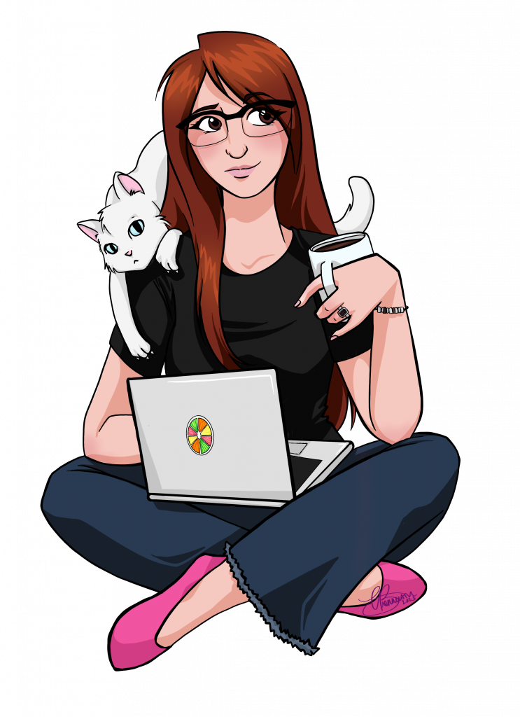 A cartoon illustration of a woman with long dark brown hair sitting with a laptop computer in her lap.  She is holding a coffee mug in one hand and a white cat with blue eyes is sitting on her shoulder.